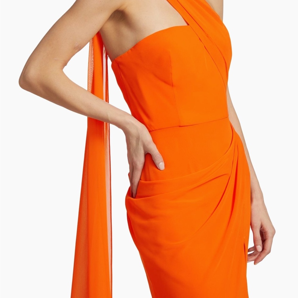 Vibrant Orange Maxi Gown with Asymmetrical Neckline and High Slit for Prom